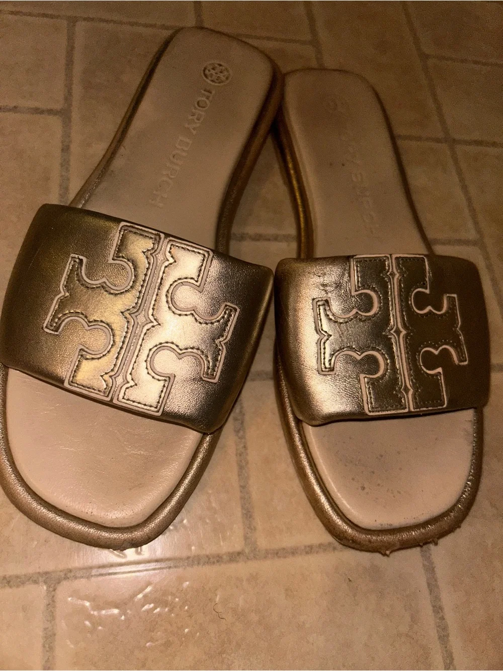 Tory Burch Metallic Gold Leather Slide Mules